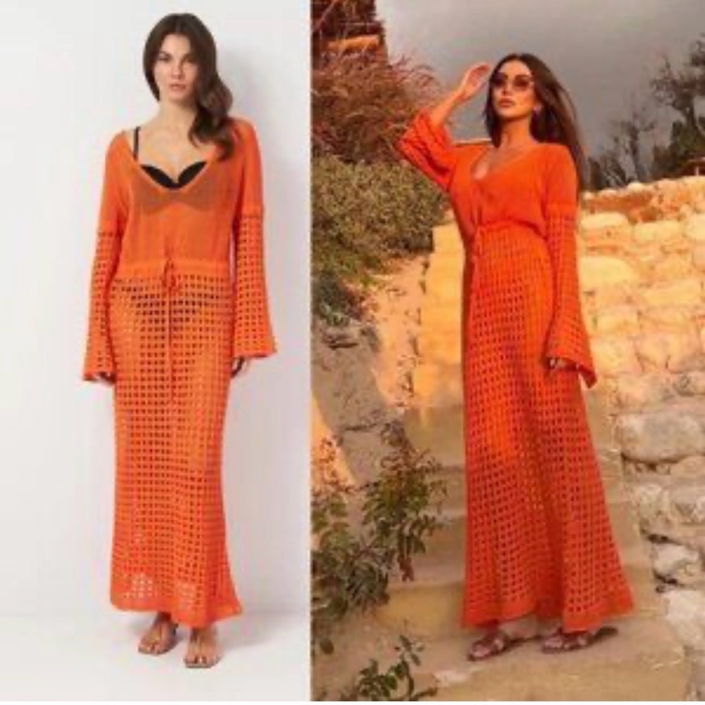 Zara Crochet Open Knit Maxi Dress Swim Coverup Orange Vacation Beachy Size Small - Picture 2 of 13